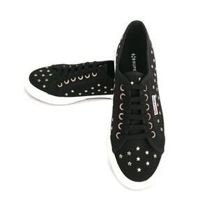 Superga Women's Black Canvas Gold Star Studs Low Top Sneakers Size 40